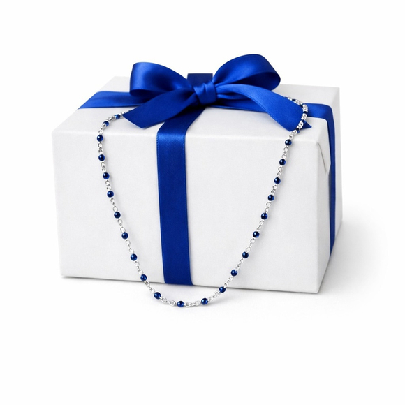 Necklace - 16” Stainless Steel Silver tone Necklace with dark blue Bead Accents - Picture 2 of 4